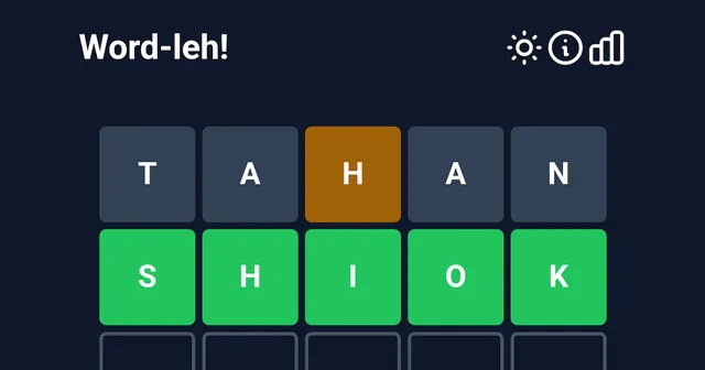Word-leh! board with the guess TAHAN, its H in yellow, then SHIOK solved in green