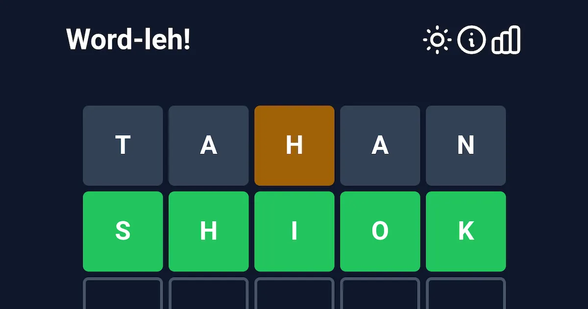 Word-leh! board with the guess TAHAN, its H in yellow, then SHIOK solved in green