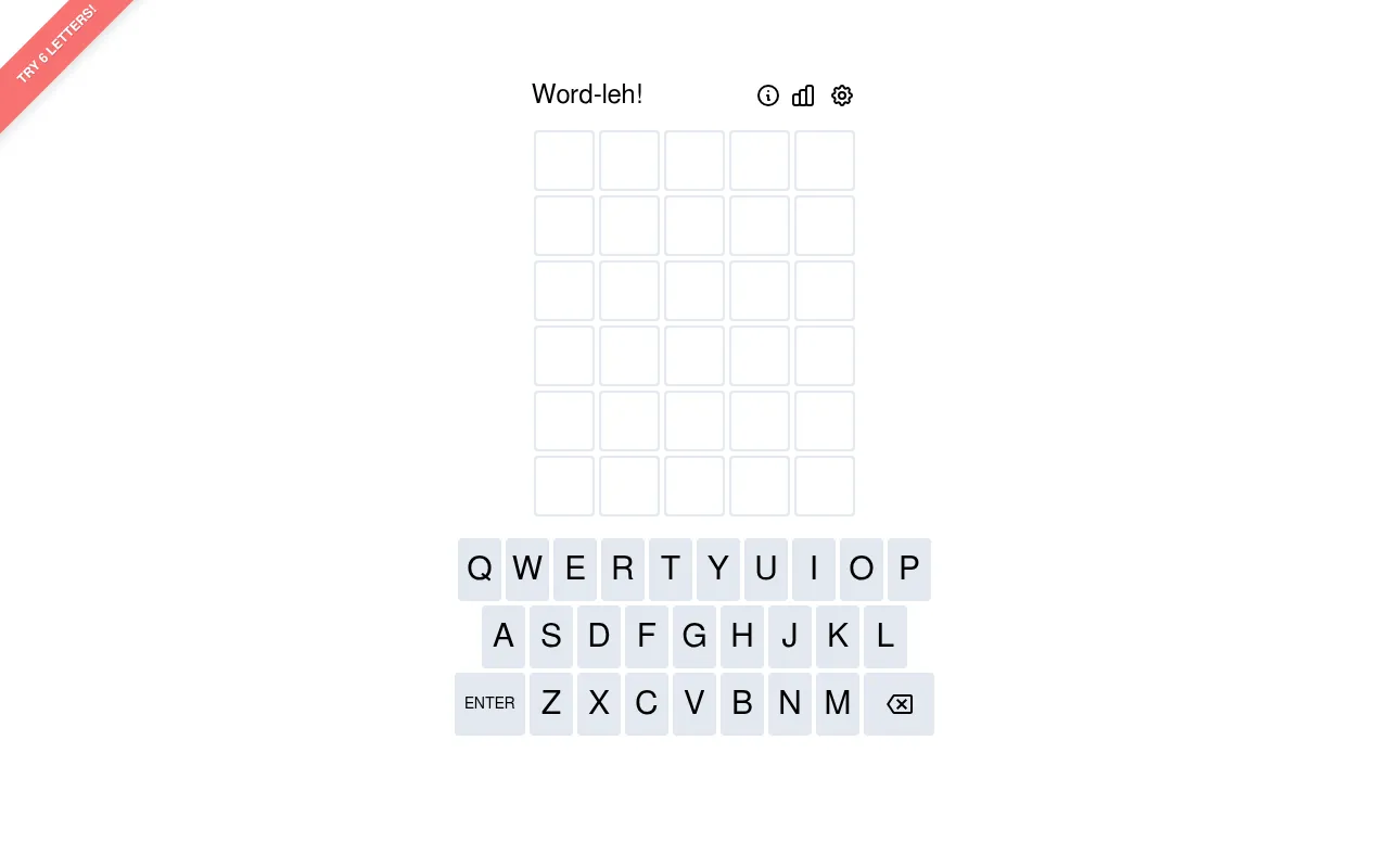 An empty Word-leh! grid of six rows of five tiles above the keyboard, with a Try 6 Letters ribbon in the corner