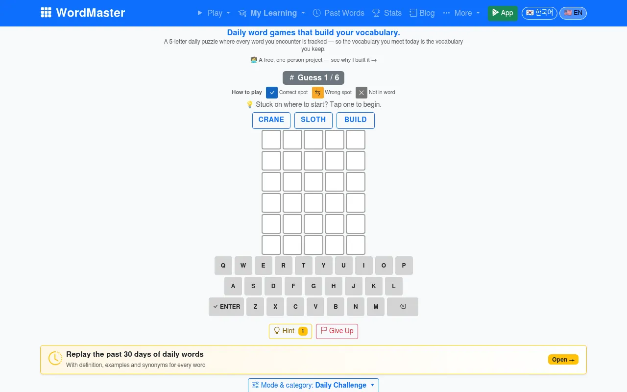 Word Master's English Daily Challenge board in the browser: an empty six-row grid of five tiles, suggested starting words and the on-screen keyboard
