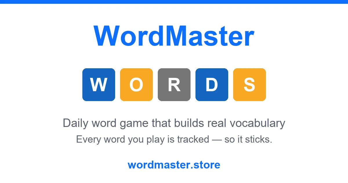 Word Master share card with the game's name over five coloured tiles spelling WORDS
