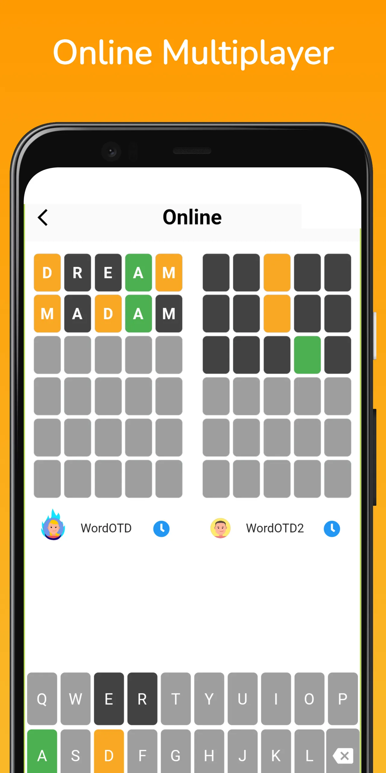 Word of The Day online mode: two players' grids side by side racing on the same word