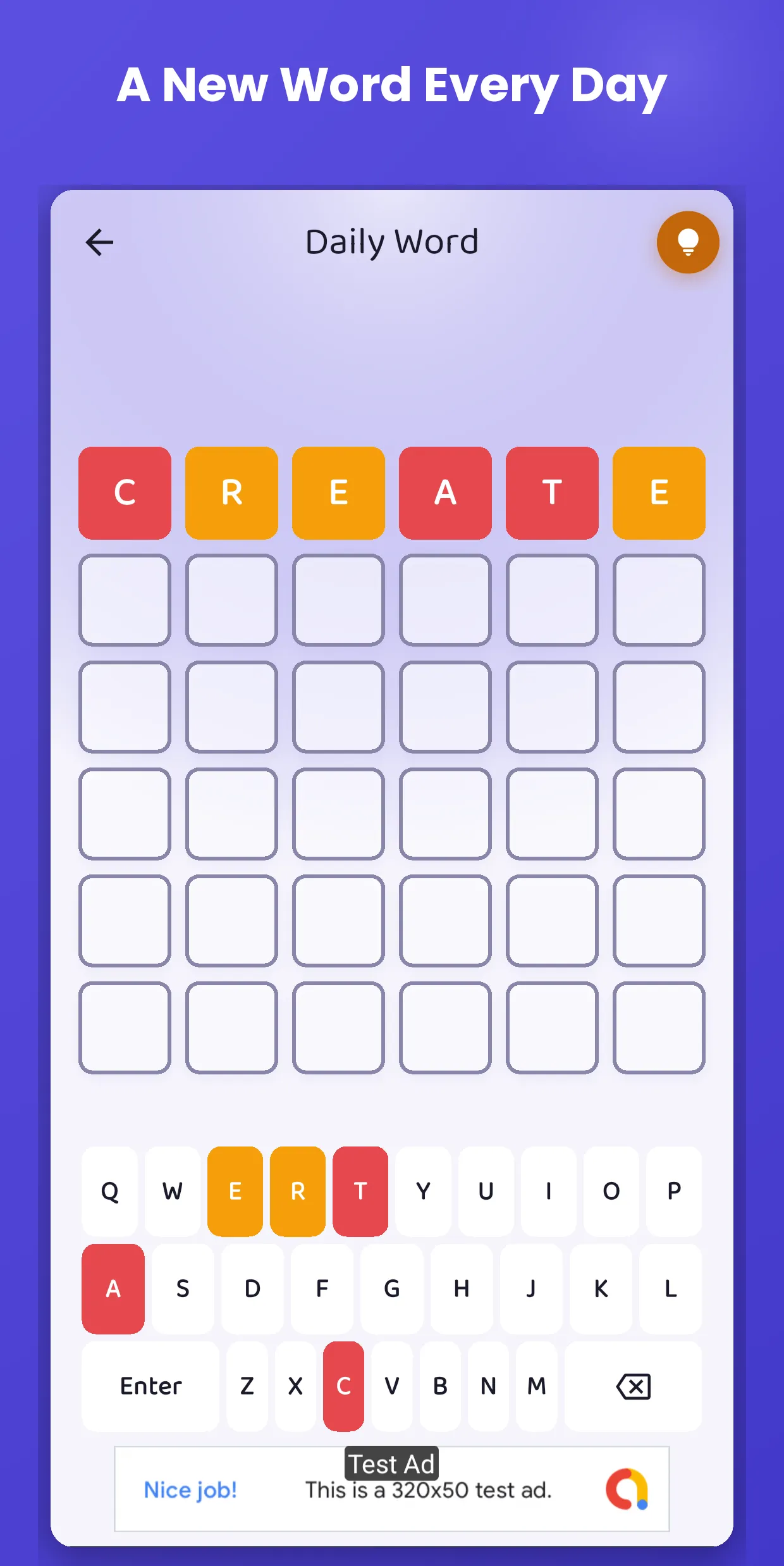 Word of the Day's Daily Word board with the guess CREATE coloured letter by letter and six rows to fill