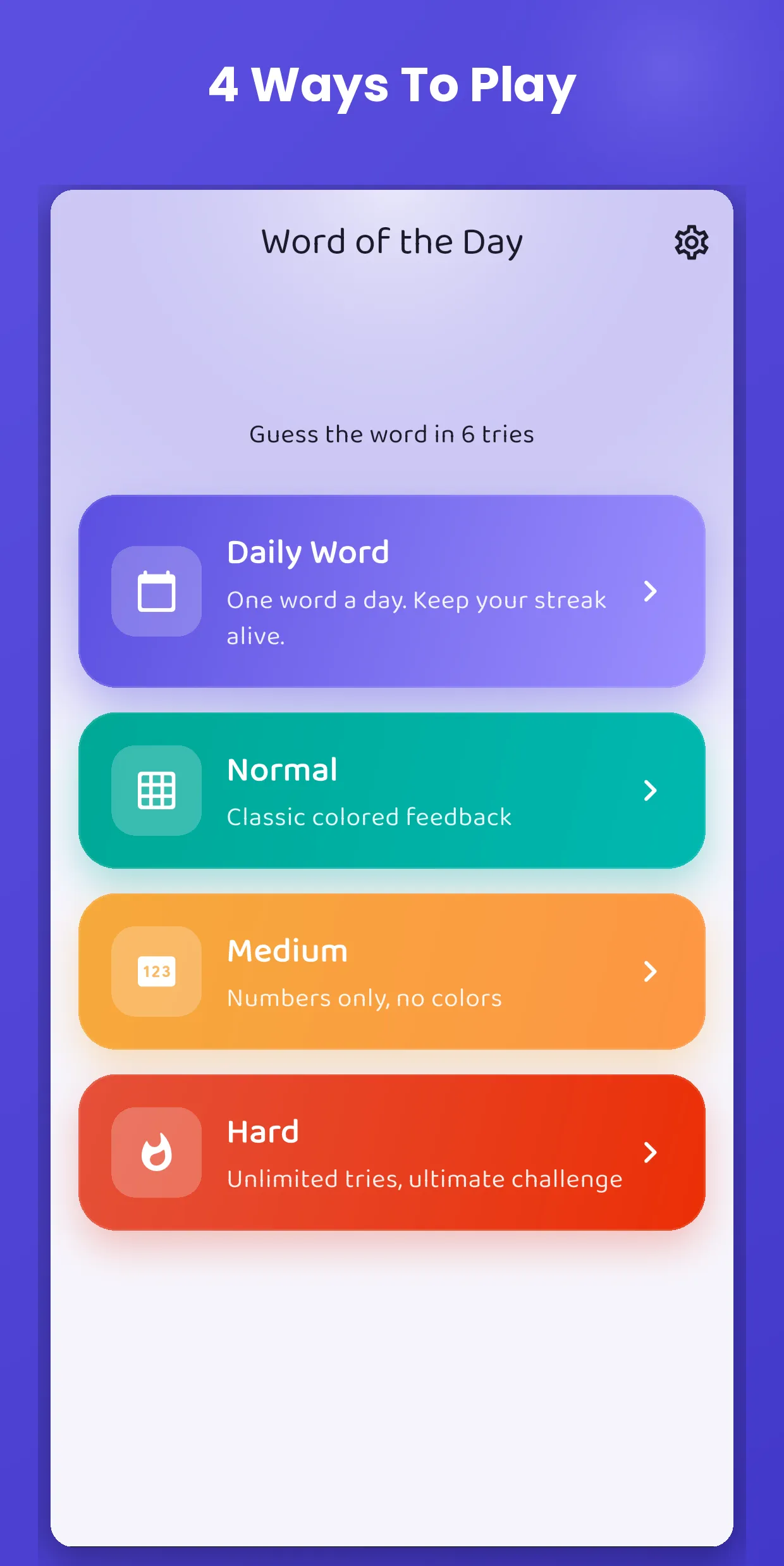 Word of the Day's menu with its four modes: Daily Word, Normal, Medium and Hard