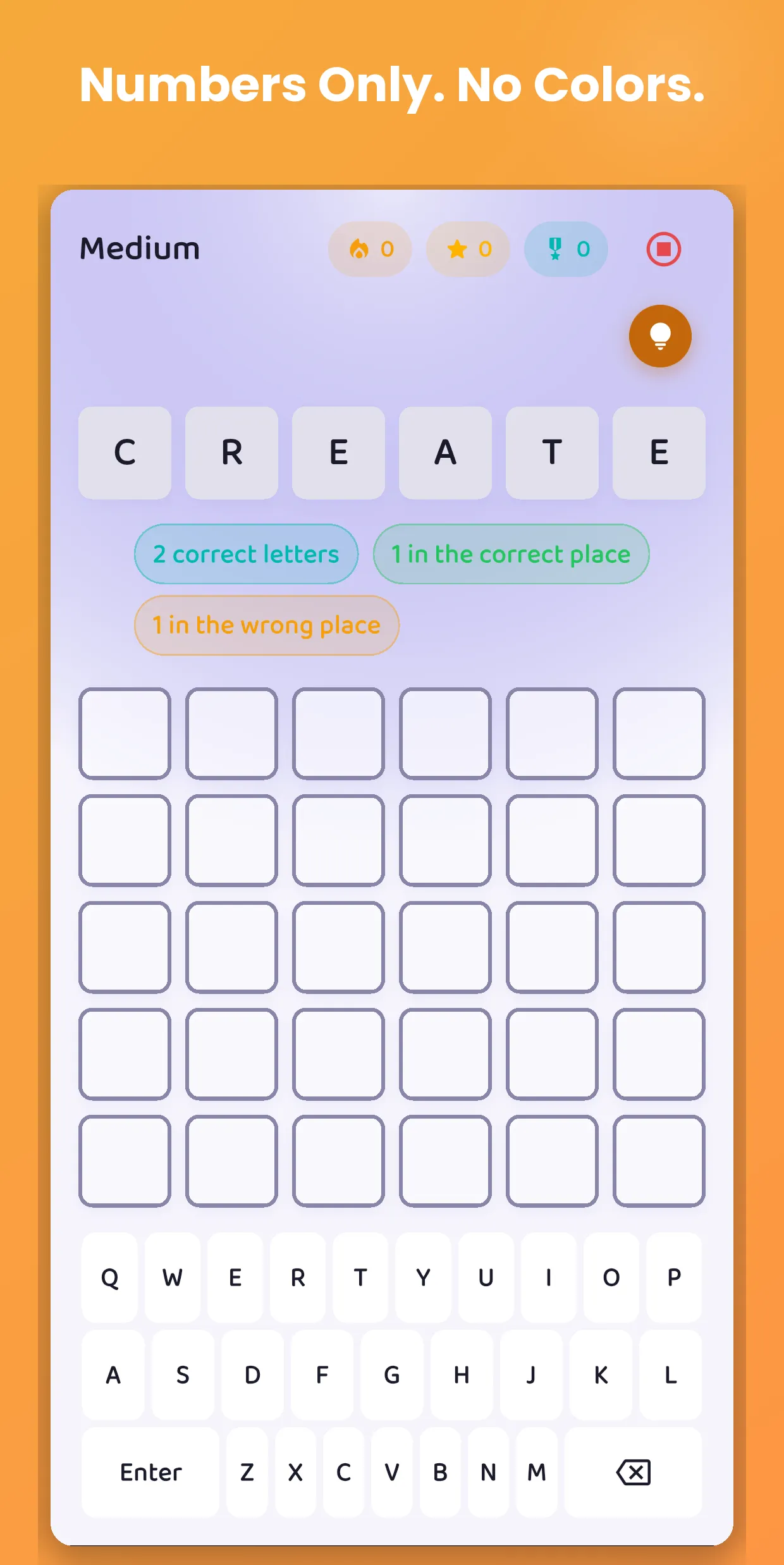Word of the Day's Medium mode, where the guess CREATE is scored with numbers instead of colours