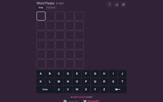 Word Peaks daily puzzle #1684: an empty six-row board of five tiles above an alphabetical keyboard, with Daily and Random tabs