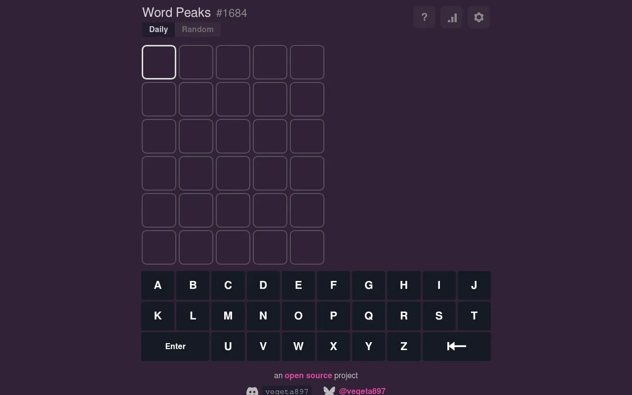 Word Peaks daily puzzle #1684: an empty six-row board of five tiles above an alphabetical keyboard, with Daily and Random tabs