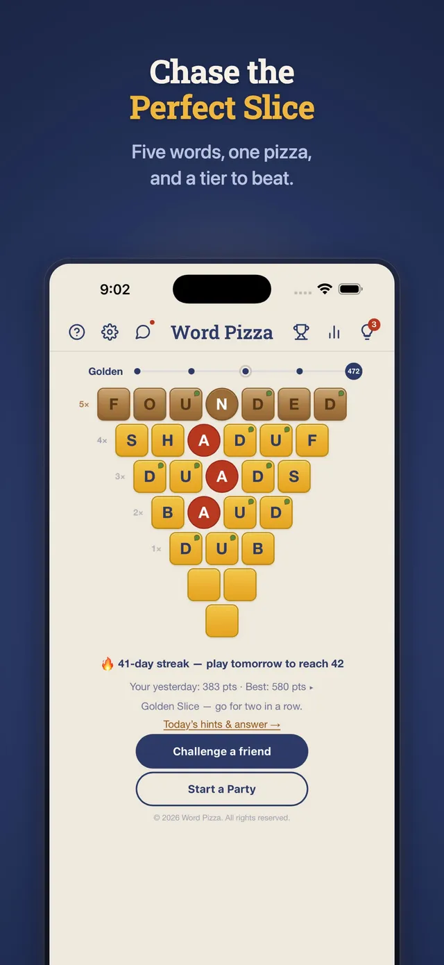 A finished Word Pizza slice: DUB, BAUD, DUADS, SHADUF and FOUNDED with pepperoni letters, under the line Chase the Perfect Slice