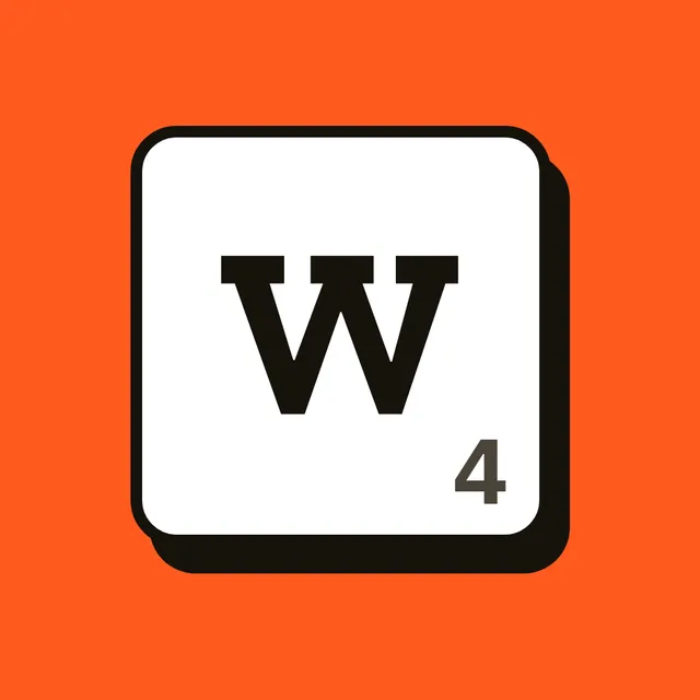 Word Quarry's app icon: a single white letter tile, W worth 4 points, on an orange background