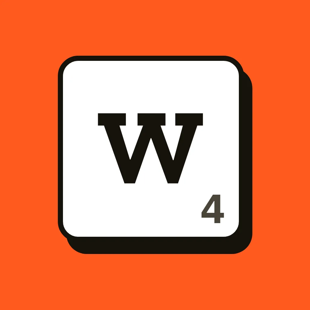 Word Quarry's app icon: a single white letter tile, W worth 4 points, on an orange background