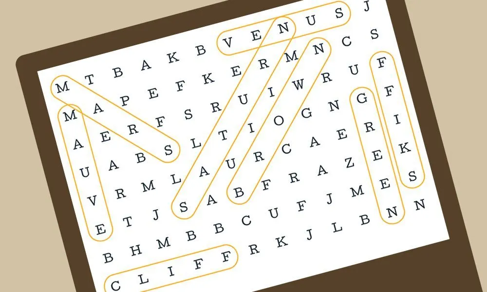 Word Roundup press art: a letter grid with words such as VENUS and CLIFF looped in gold
