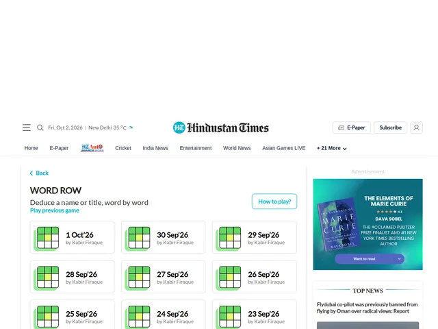 The Word Row page on Hindustan Times with a grid of dated puzzles by Kabir Firaque