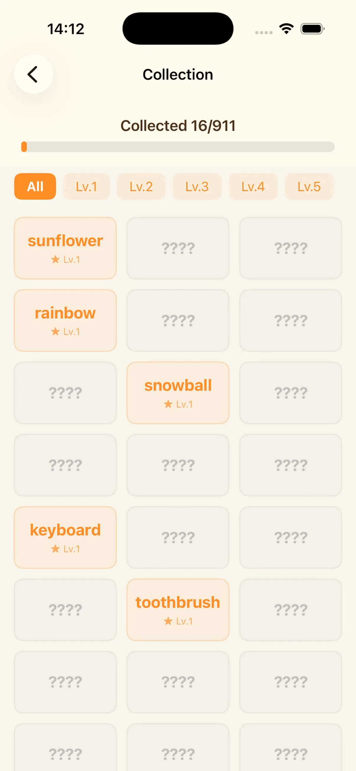 The Word Rush collection book with sunflower, rainbow, snowball, keyboard and toothbrush collected