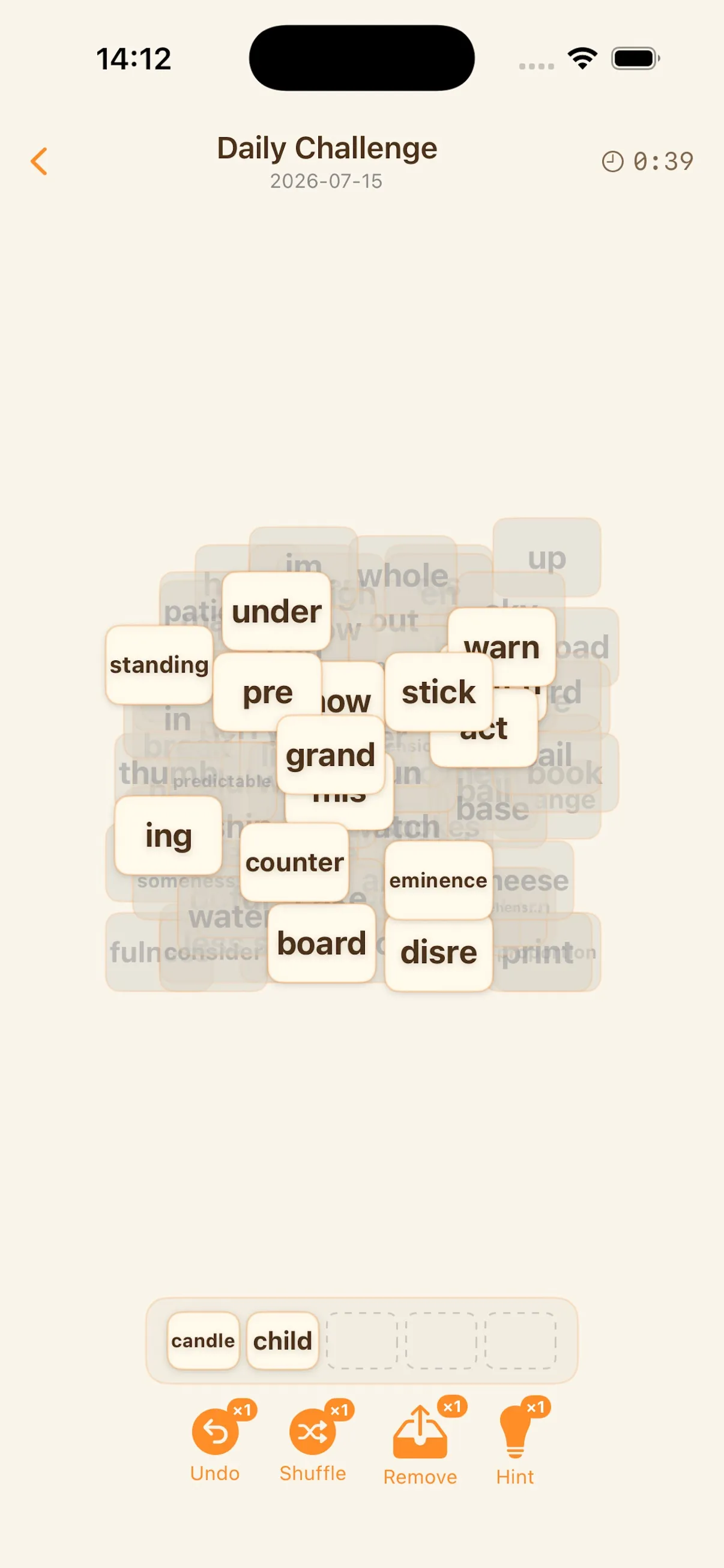 Word Rush Daily Challenge for 2026-07-15: layered tiles of word halves such as under, stick, grand, counter and board, with candle and child in the slot bar and Undo, Shuffle, Remove and Hint buttons