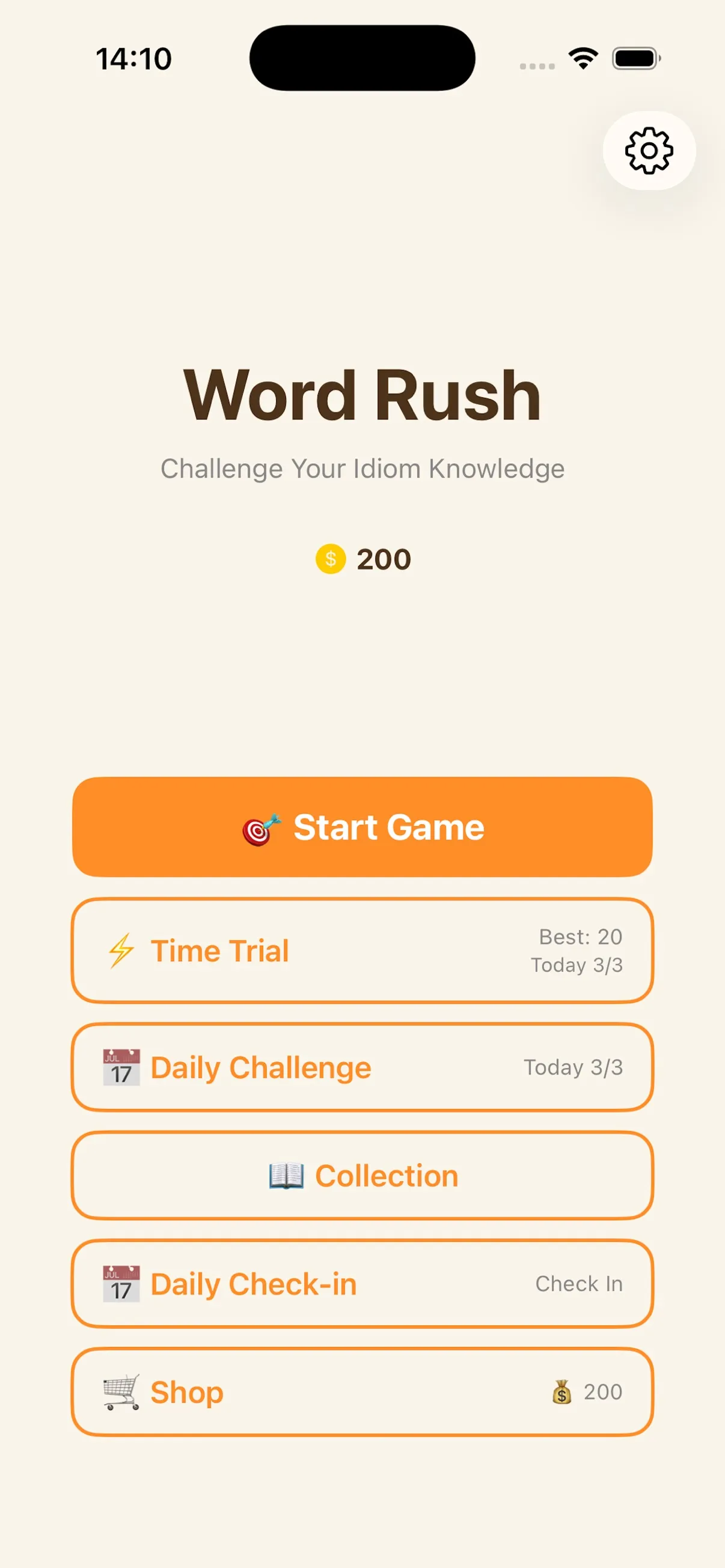 Word Rush home screen with Start Game, Time Trial, Daily Challenge, Collection and Daily Check-in buttons