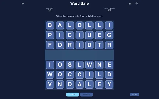Today's Word Safe board: seven columns of six letter tiles around an empty centre band, with Mistakes 0/3, Target Words 0/6, Submit and Hints (3)