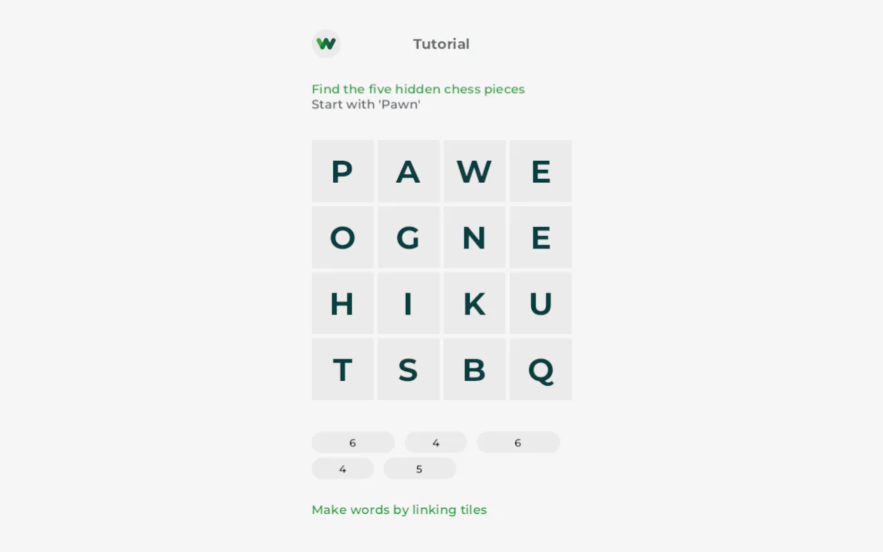 The Word Salad web game's first puzzle: find five hidden chess pieces in a 4x4 grid of letters