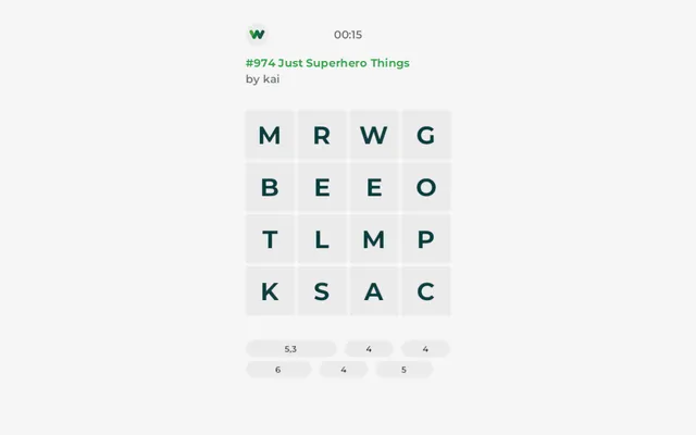 Word Salad daily #974, Just Superhero Things by kai, a 4x4 letter grid with bubbles for the length of each answer