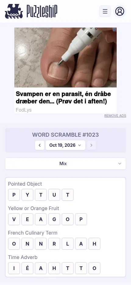 Word Scramble #1023 at phone size: the Mix puzzle's four clued rows of tiles under a mode drop-down, with an ad above