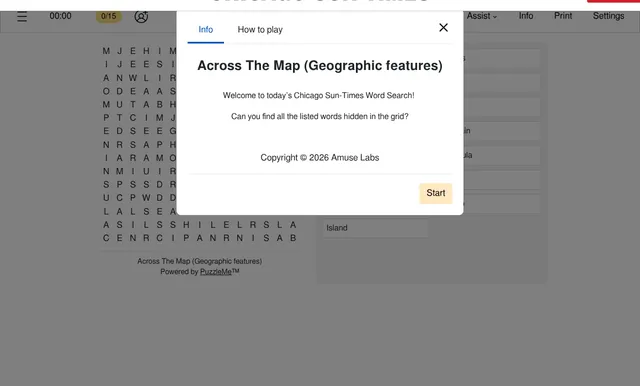 The Chicago Sun-Times Word Search Across The Map (Geographic features): a 15x15 letter grid and its word list, behind the info panel with a Start button