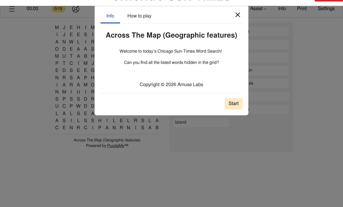 The Chicago Sun-Times Word Search Across The Map (Geographic features): a 15x15 letter grid and its word list, behind the info panel with a Start button