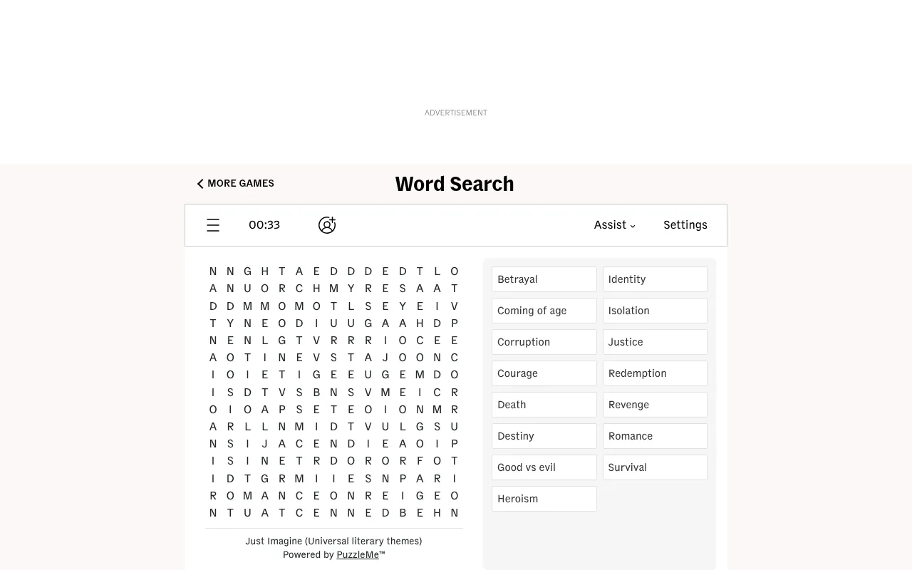 The Word Search board on CNA's games page at desktop width, 19 October 2026: today's letter grid, timer, Assist menu and the list of literary themes