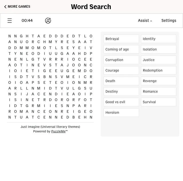 CNA's Word Search for 19 October 2026, Just Imagine: a 15 by 15 letter grid beside fifteen literary themes from Betrayal to Survival, with the timer and Assist menu above