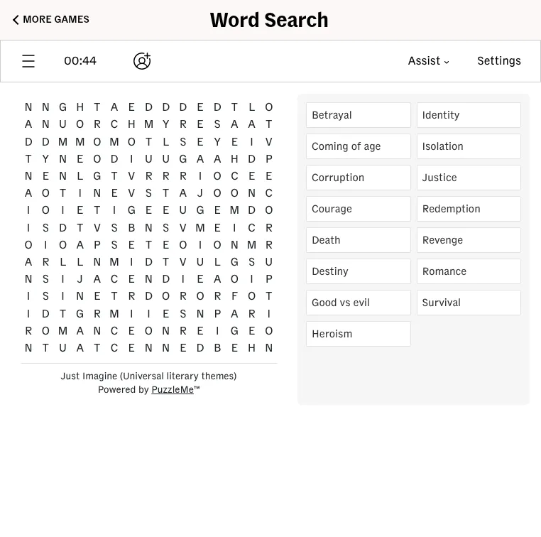 CNA's Word Search for 19 October 2026, Just Imagine: a 15 by 15 letter grid beside fifteen literary themes from Betrayal to Survival, with the timer and Assist menu above