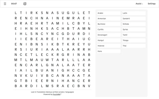 CNA's Word Search for 6 October 2026, Lost in Translation: a 15 by 15 letter grid beside a list of writing systems from Arabic to Thai