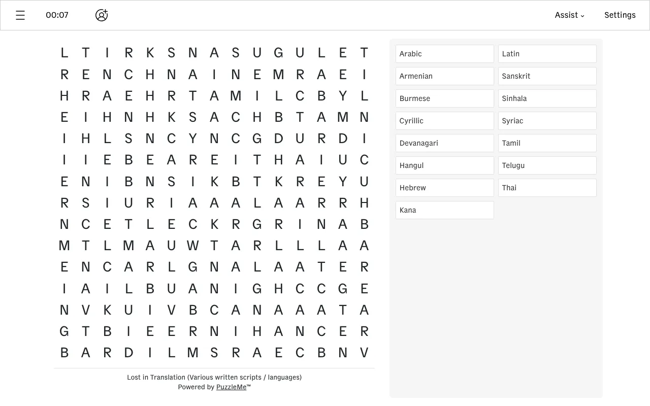 CNA's Word Search for 6 October 2026, Lost in Translation: a 15 by 15 letter grid beside a list of writing systems from Arabic to Thai