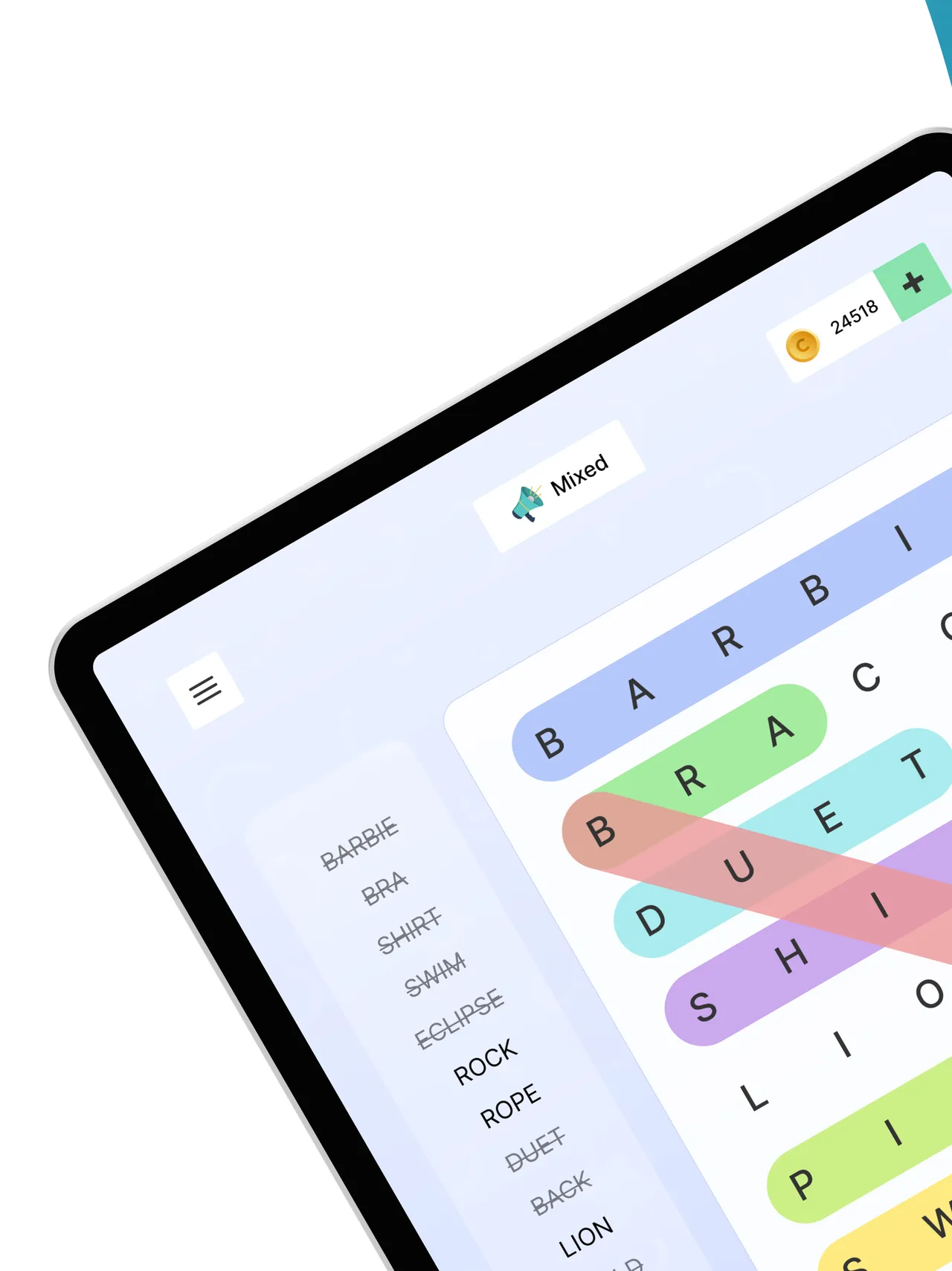 Word Search Colorful on an iPad: a letter grid with found words highlighted in coloured bands and a word list