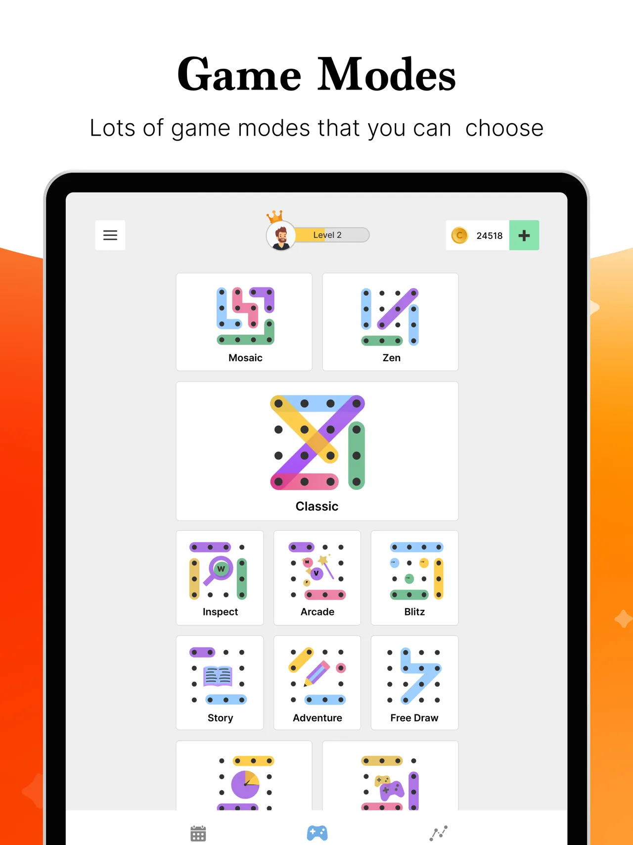 Word Search Colorful game modes menu with Classic, Zen, Mosaic, Blitz and more
