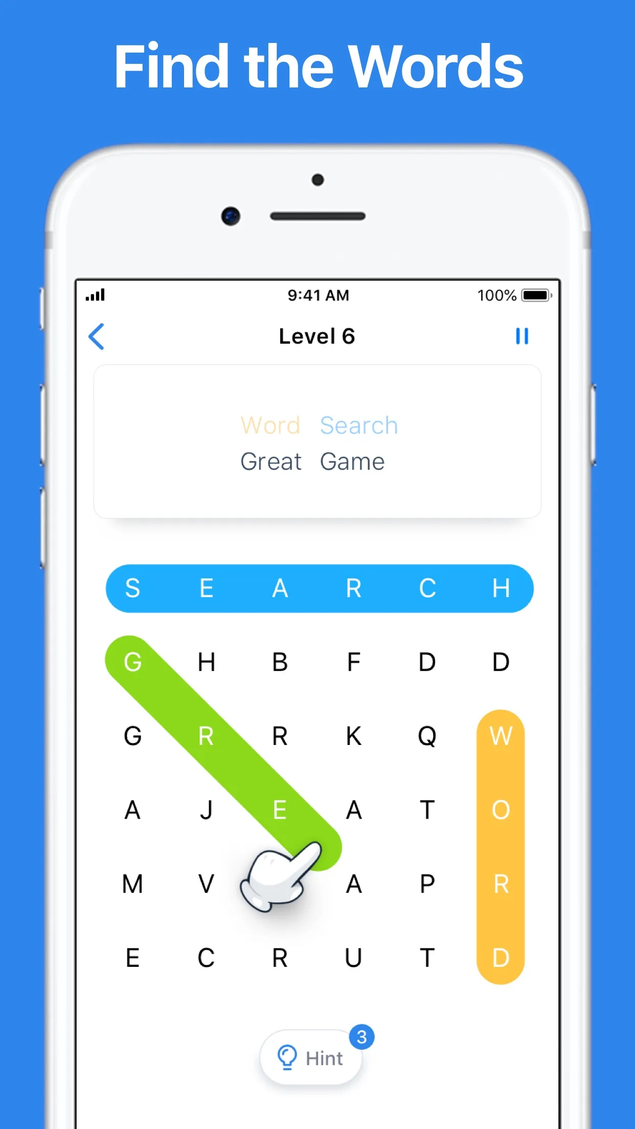 Easybrain Word Search, level 6: a grid of letters with SEARCH, GREAT and WORD marked by coloured bars and GAME still to find