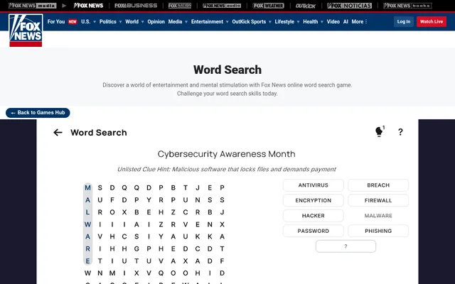 Fox News Word Search on 26 October 2026: the Cybersecurity Awareness Month grid with MALWARE found down the first column, the word list and the unlisted clue hint