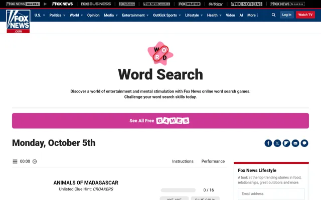 Fox News Word Search for Monday, October 5th: the themed puzzle Animals of Madagascar, with 16 words to find and a timer