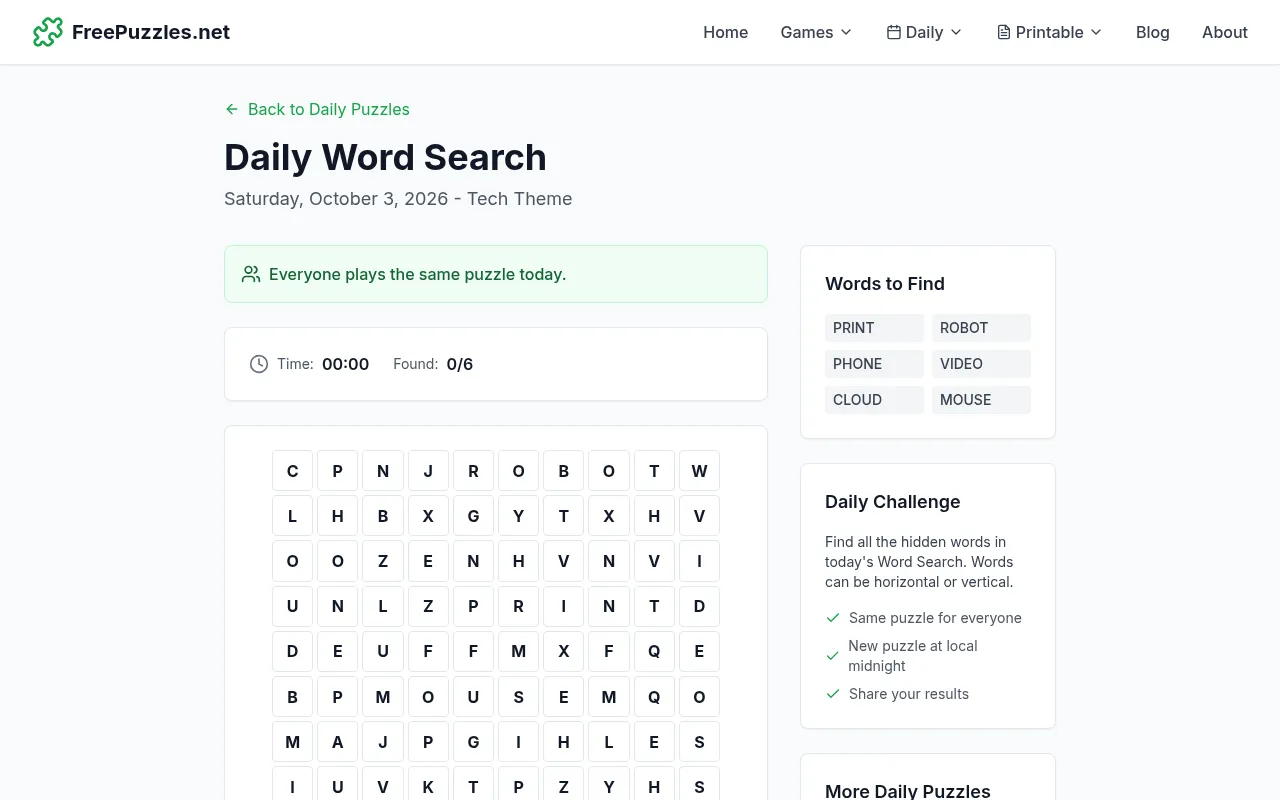 FreePuzzles.net Daily Word Search for Saturday, October 3, 2026, Tech Theme: a grid of letters with the words Print, Robot, Phone, Video, Cloud and Mouse to find and 0 of 6 found