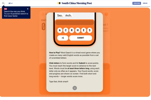 SCMP Word Search for Tuesday 6 October with its How to Play card: an example board of six letter tiles (A C R H E S), the words Sea and Arch found, Shuffle and Submit buttons, and the rules for making