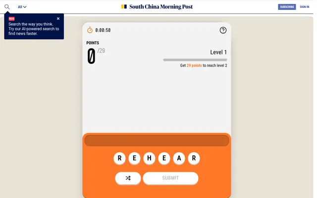 SCMP Word Search for Wednesday 7 October: the six letter tiles R E H E A R, the shuffle and Submit buttons, a running timer and 0 of 29 points needed to reach level 2