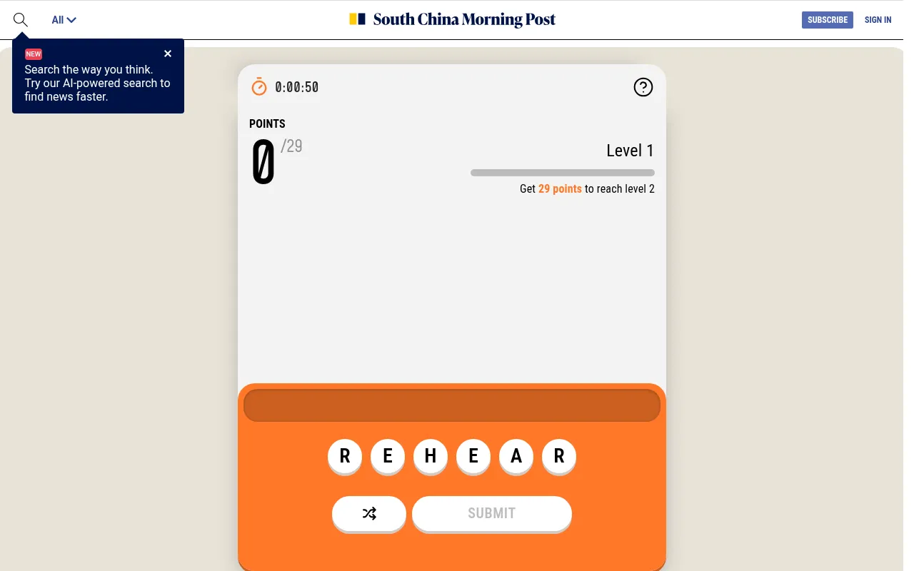 SCMP Word Search for Wednesday 7 October: the six letter tiles R E H E A R, the shuffle and Submit buttons, a running timer and 0 of 29 points needed to reach level 2