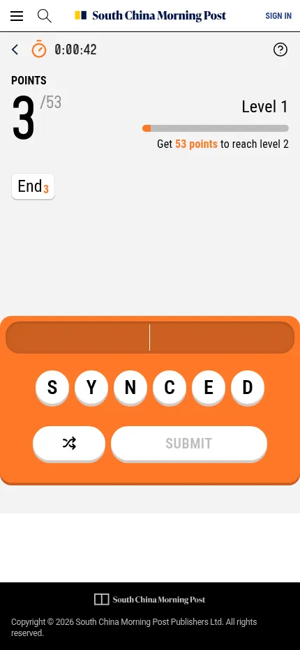 SCMP Word Search for 21 October at phone size: the six tiles S Y N C E D, the word End found for 3 of the 53 points needed for level 2, a running timer, shuffle and Submit