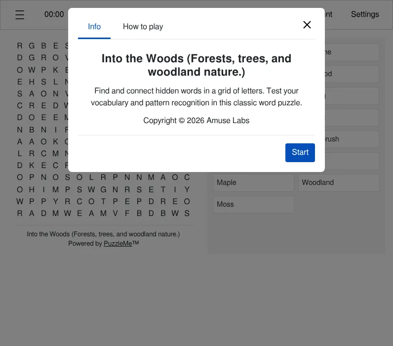 TIME Word Search with the day's theme Into the Woods (Forests, trees, and woodland nature): the info card over a 15-column letter grid and a word list including Maple, Woodland and Moss, powered by Pu