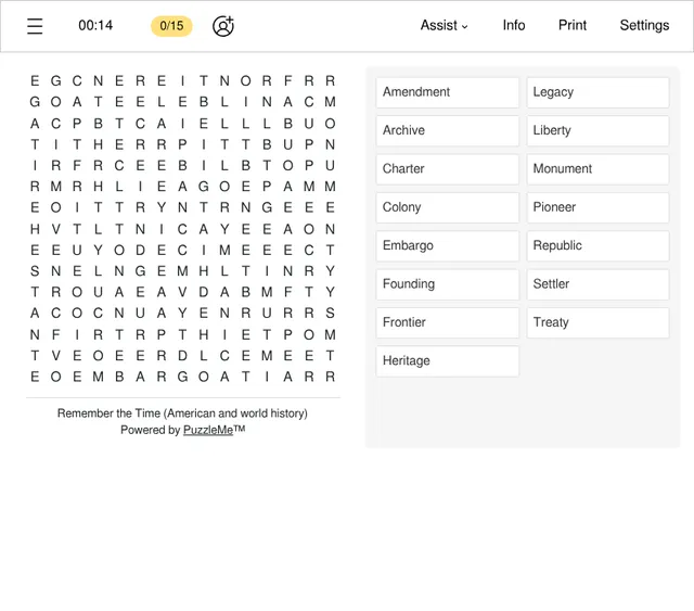 TIME Word Search board for Remember the Time (American and world history): a 15 by 15 letter grid beside 15 words to find, such as Amendment, Charter and Treaty