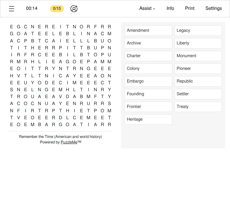 TIME Word Search board for Remember the Time (American and world history): a 15 by 15 letter grid beside 15 words to find, such as Amendment, Charter and Treaty