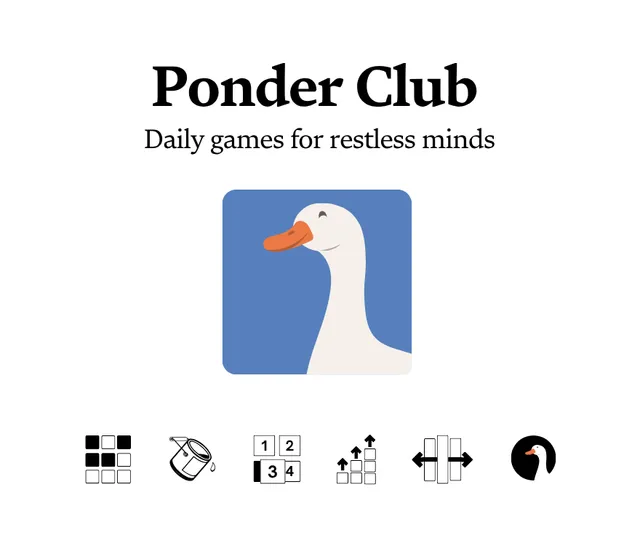 The Ponder Club logo, a white goose on a blue square, with the line Daily games for restless minds and icons of its games