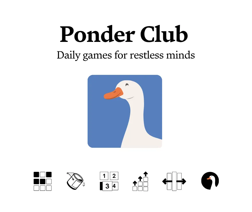 The Ponder Club logo, a white goose on a blue square, with the line Daily games for restless minds and icons of its games