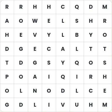 The day's Ponder Club Word Search grid: an 8 by 8 board of letters hiding eight words