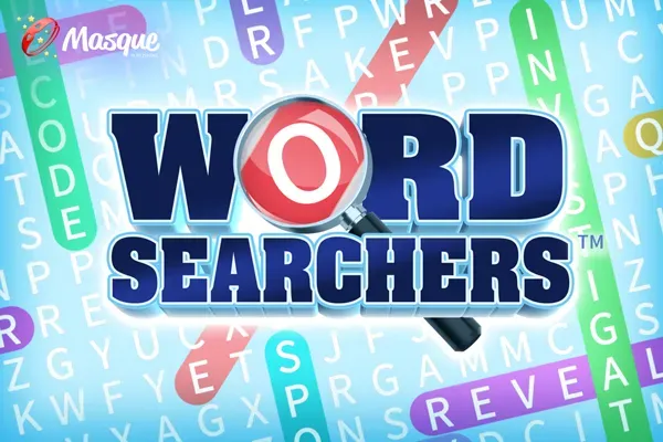 The Word Searchers title, with a magnifying glass over the O, on a grid of letters with found words marked in coloured bars