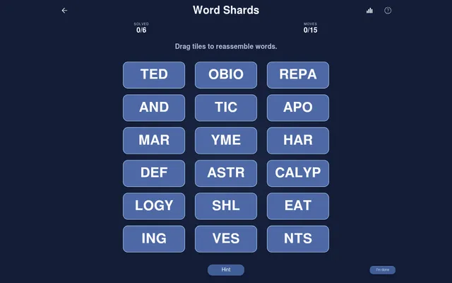 Word Shards daily board for 22 October 2026: eighteen word pieces such as APO, CALYP, ASTR, OBIO and LOGY in a three-column grid, solved 0/6, moves 0/15