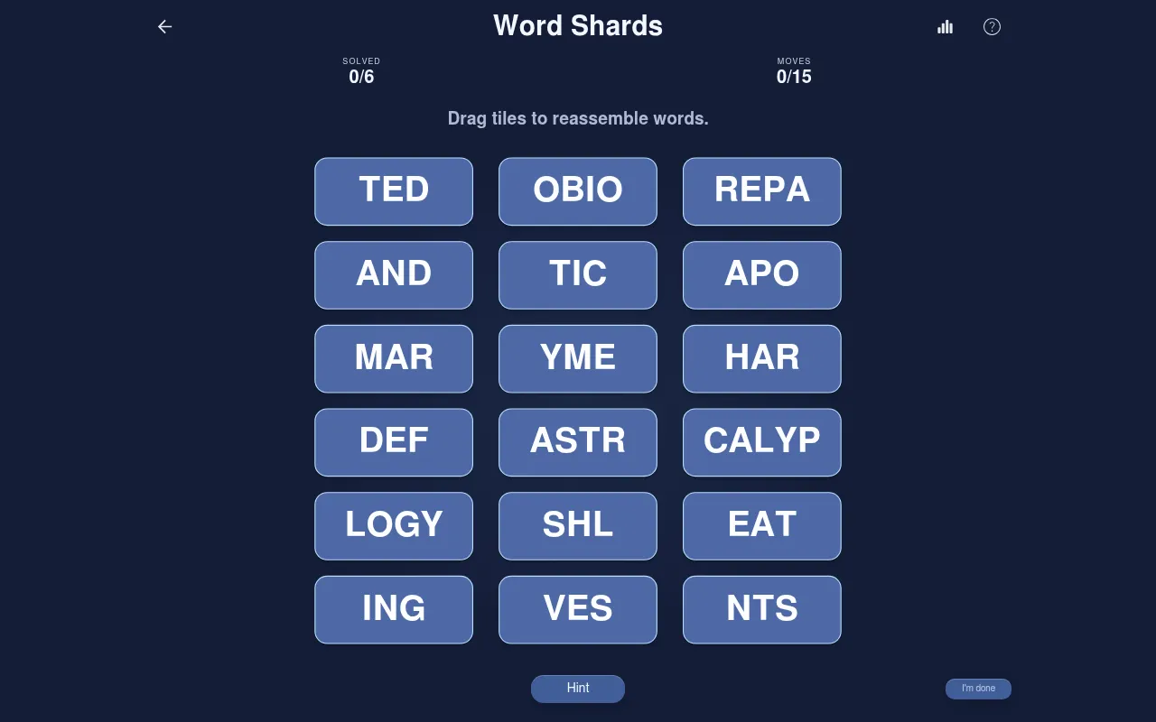 Word Shards daily board for 22 October 2026: eighteen word pieces such as APO, CALYP, ASTR, OBIO and LOGY in a three-column grid, solved 0/6, moves 0/15