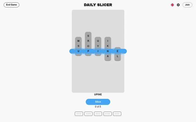 Today's Daily Slicer board on desktop: five grey letter columns of different lengths crossed by the blue Slicer bar, the Slice button and five empty word blanks, 0 of 5 found